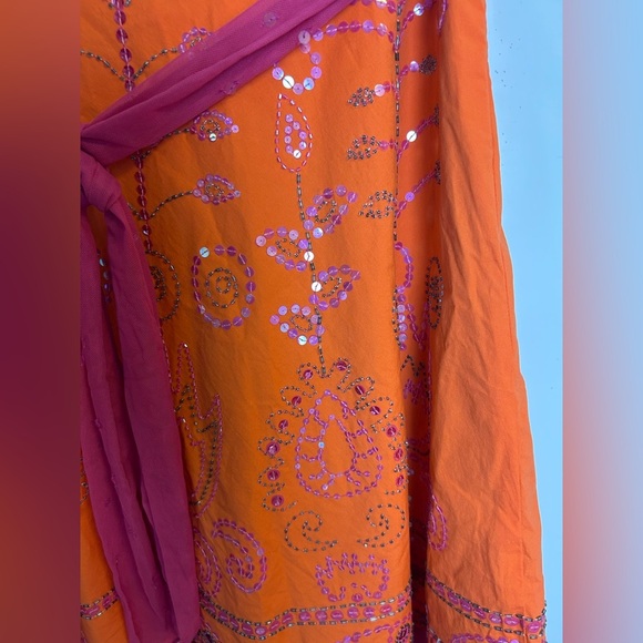 Cadi and Blue Vtg Midi Embroidered beaded Skirt Sz 10 Orange Sequins boho gitsy - Picture 9 of 13